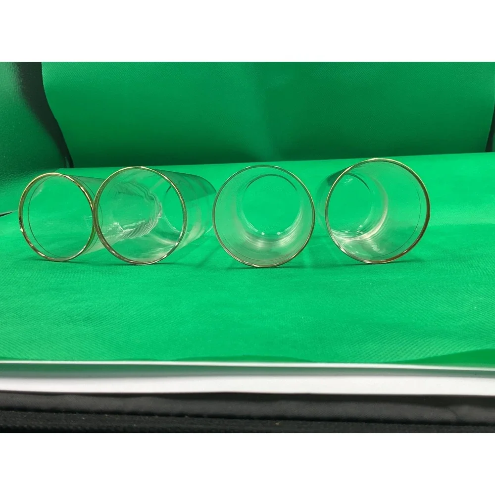 Vintage 1930s Gold‐Gilded Rim Juice Glasses – Set of 4 – Clear Glass with Gold B